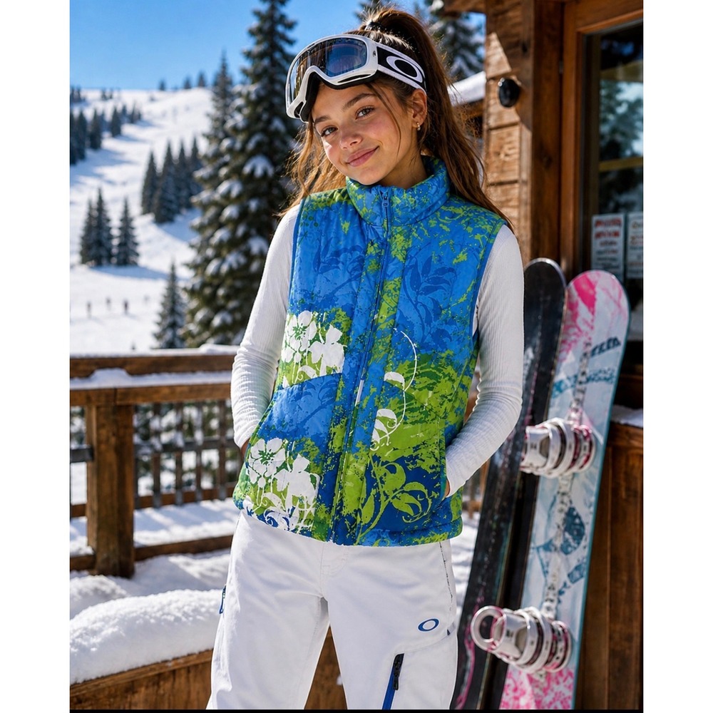 Obermeyer Goose Down Puffer Vest Blue Green Floral Junior L Ski weather X system